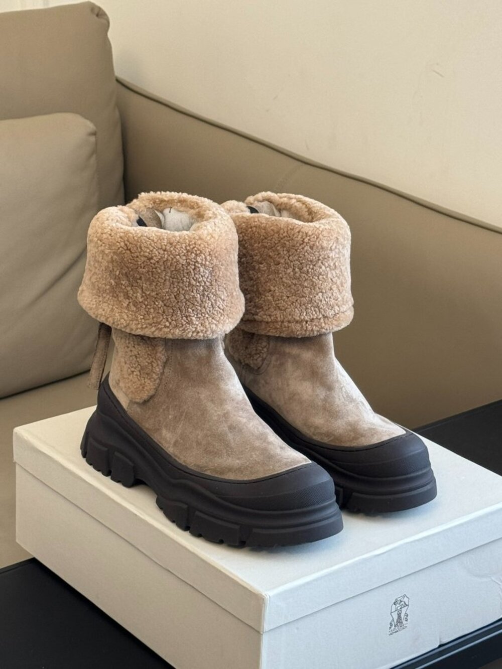 Brunello Cucinelli Shearling-Lined Platform Mid-Calf Boots